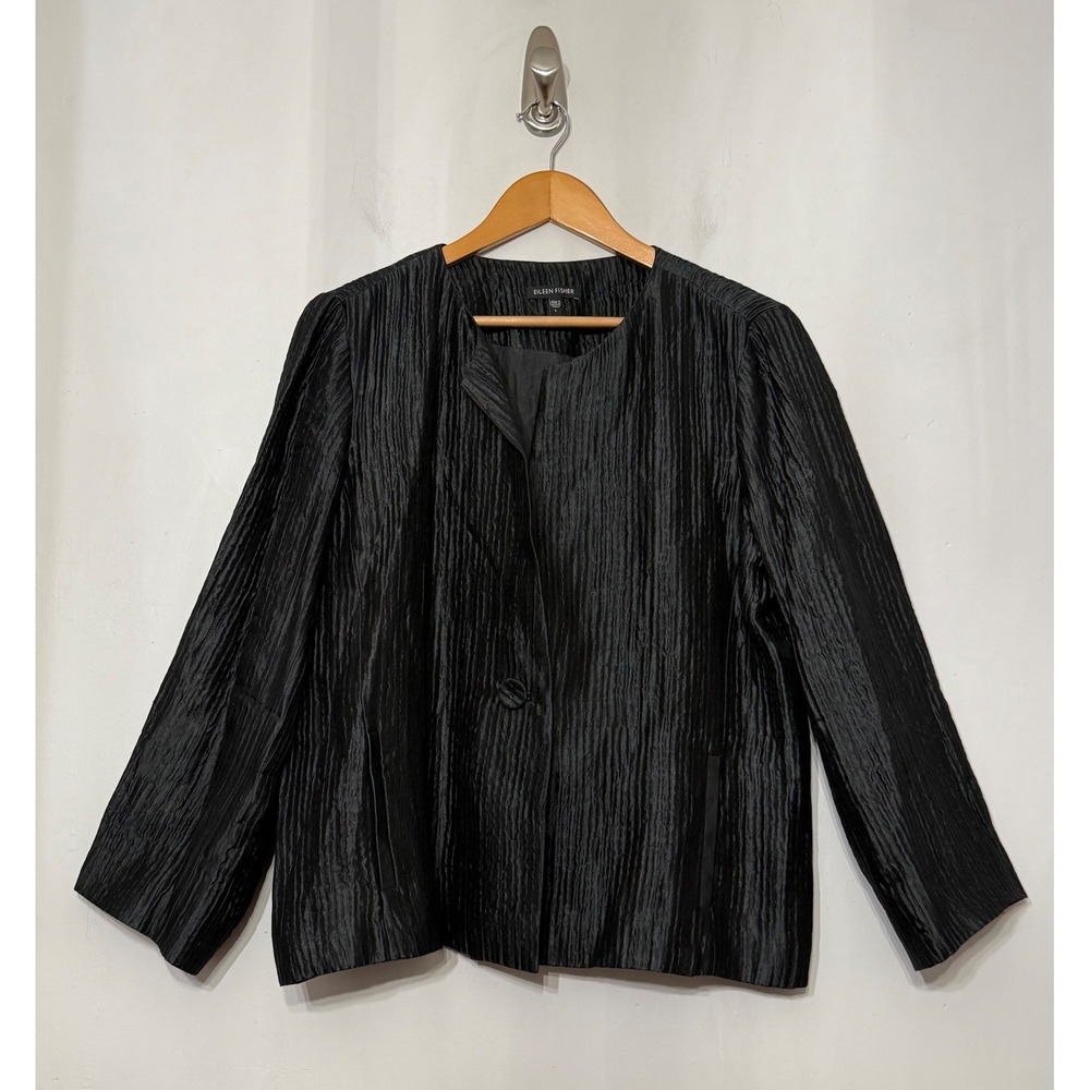 Eileen Fisher Black Textured Silk Leather Trim Single Button Jacket Large